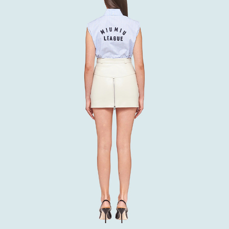 Shop (W) MIU MIU SS21 Baju Tanpa Lengan Corak Kot Biru dengan Hiasan Renda Sulaman. MK1528-1YJF-F0012