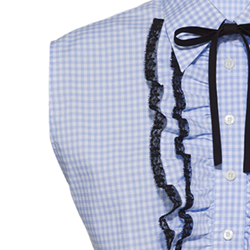 Details for (W) MIU MIU SS21 Baju Tanpa Lengan Corak Kot Biru dengan Hiasan Renda Sulaman. MK1528-1YJF-F0012