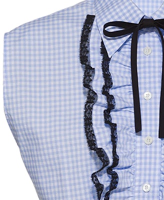 (W) MIU MIU SS21 Baju Tanpa Lengan Corak Kot Biru dengan Hiasan Renda Sulaman. MK1528-1YJF-F0012 Details for (W) MIU MIU SS21 Baju Tanpa Lengan Corak Kot Biru dengan Hiasan Renda Sulaman. MK1528-1YJF-F0012