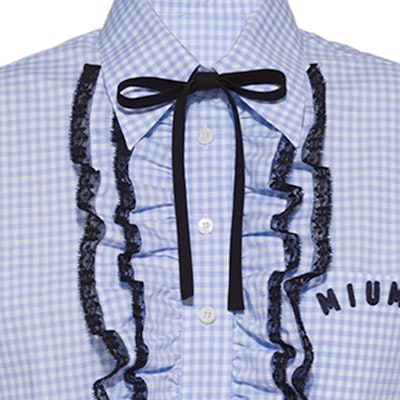 (W) MIU MIU SS21 Baju Tanpa Lengan Corak Kot Biru dengan Hiasan Renda Sulaman. MK1528-1YJF-F0012 Sizing (W) MIU MIU SS21 Baju Tanpa Lengan Corak Kot Biru dengan Hiasan Renda Sulaman. MK1528-1YJF-F0012