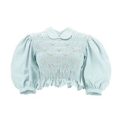 (Women) MIU MIU SS21 Embroidered Silk Short Sleeve T-Shirt Blue MT1599-1YD8-F0M10