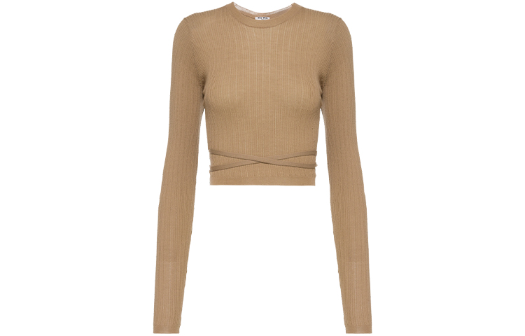 (Women) MIU MIU SS21 Logo Ribbed Knit Wool Sweater Women’s Camel Brown. MML450-TNR-F0040