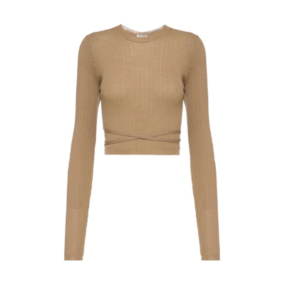 (Women) MIU MIU SS21 Logo Ribbed Knit Wool Sweater Women’s Camel Brown. MML450-TNR-F0040
