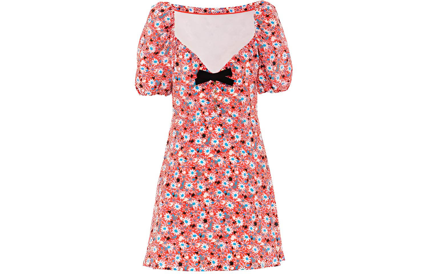 (Women) MIU MIU SS21 Pink Printed V-Neck Bow Fairy Short Sleeve Dress Women MF4238-1YS4-F0011