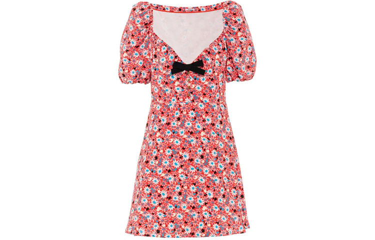 Order (W) MIU MIU SS21 粉色印花蝴蝶结V领短袖连衣裙 女款 MF4238-1YS4-F0011