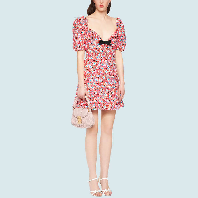 Lookbook (W) MIU MIU SS21 粉色印花蝴蝶结V领短袖连衣裙 女款 MF4238-1YS4-F0011