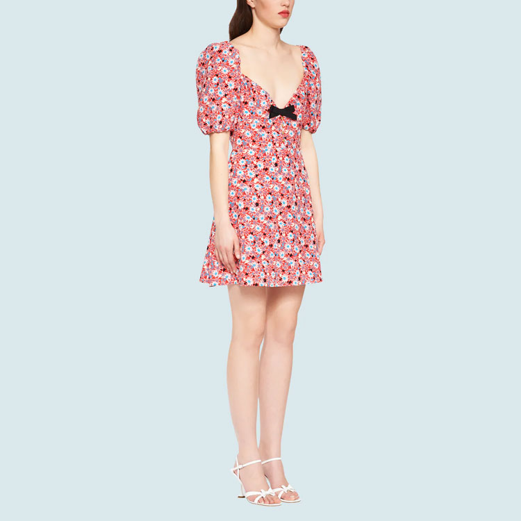 Purchase (W) MIU MIU SS21 粉色印花蝴蝶结V领短袖连衣裙 女款 MF4238-1YS4-F0011