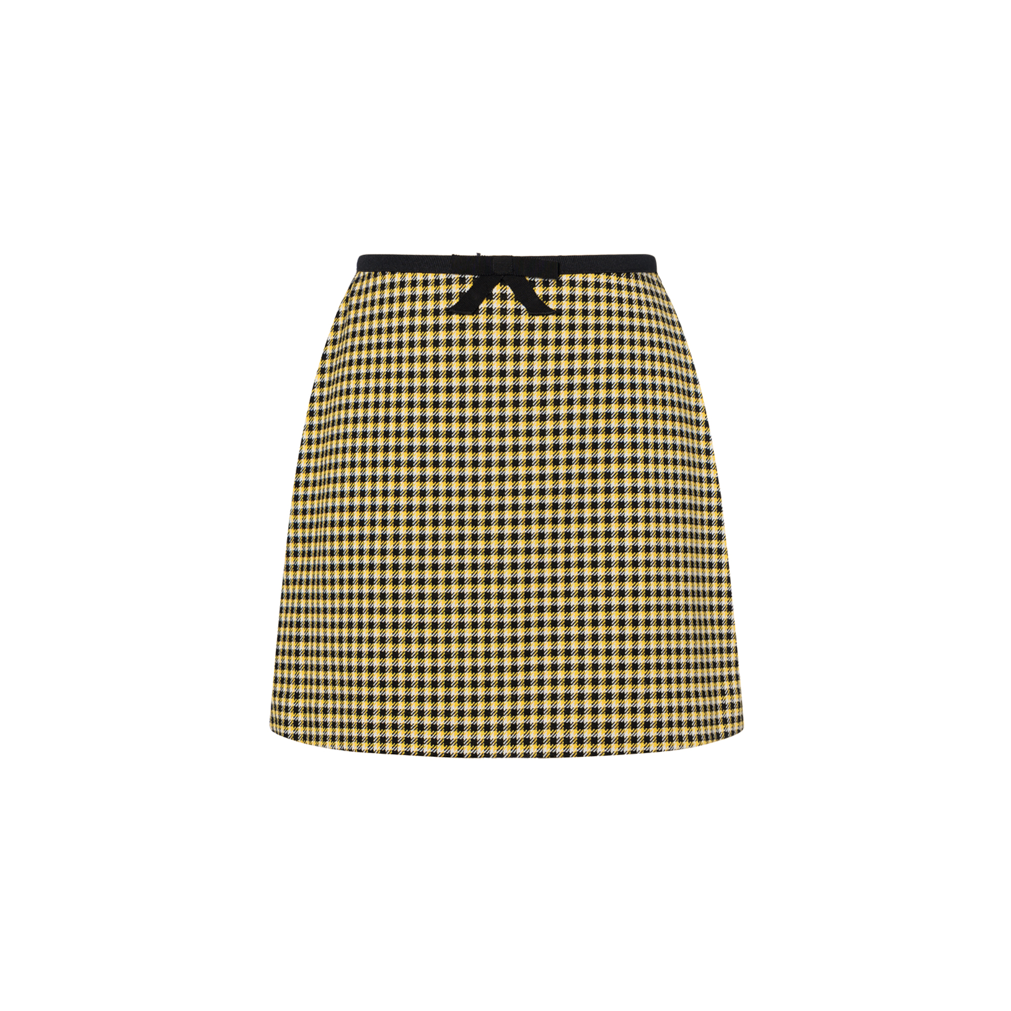 (Women) MIU MIU SS21 Plaid High-Waisted Bow A-Line Casual Skirt Women Yellow Black MJD176-1YQE-F0F06