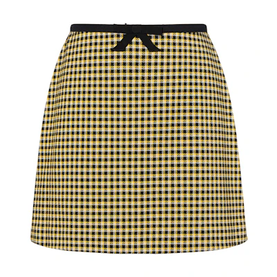 (Women) MIU MIU SS21 Plaid High-Waisted Bow A-Line Casual Skirt Women Yellow Black MJD176-1YQE-F0F06