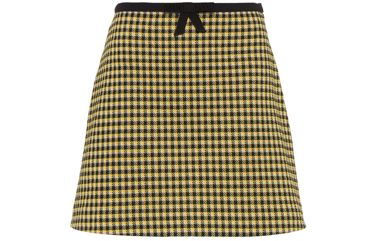 Order (Women) MIU MIU SS21 Plaid High-Waisted Bow A-Line Casual Skirt Women Yellow Black MJD176-1YQE-F0F06