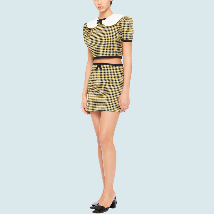 Lookbook (Women) MIU MIU SS21 Plaid High-Waisted Bow A-Line Casual Skirt Women Yellow Black MJD176-1YQE-F0F06