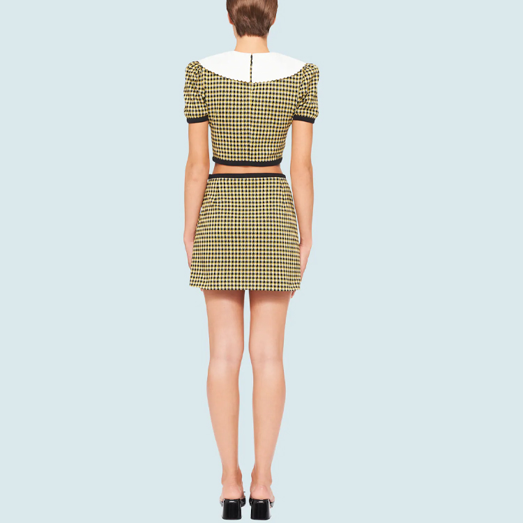 Shop (Women) MIU MIU SS21 Plaid High-Waisted Bow A-Line Casual Skirt Women Yellow Black MJD176-1YQE-F0F06