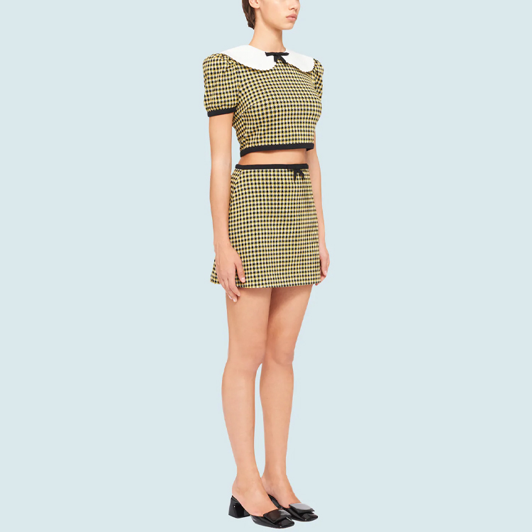 Purchase (Women) MIU MIU SS21 Plaid High-Waisted Bow A-Line Casual Skirt Women Yellow Black MJD176-1YQE-F0F06