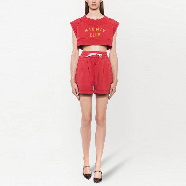 Lookbook (W) 미우미우 SS21 레드 로고 크롭 민소매 티셔츠. MJN259-1IG3-F0011