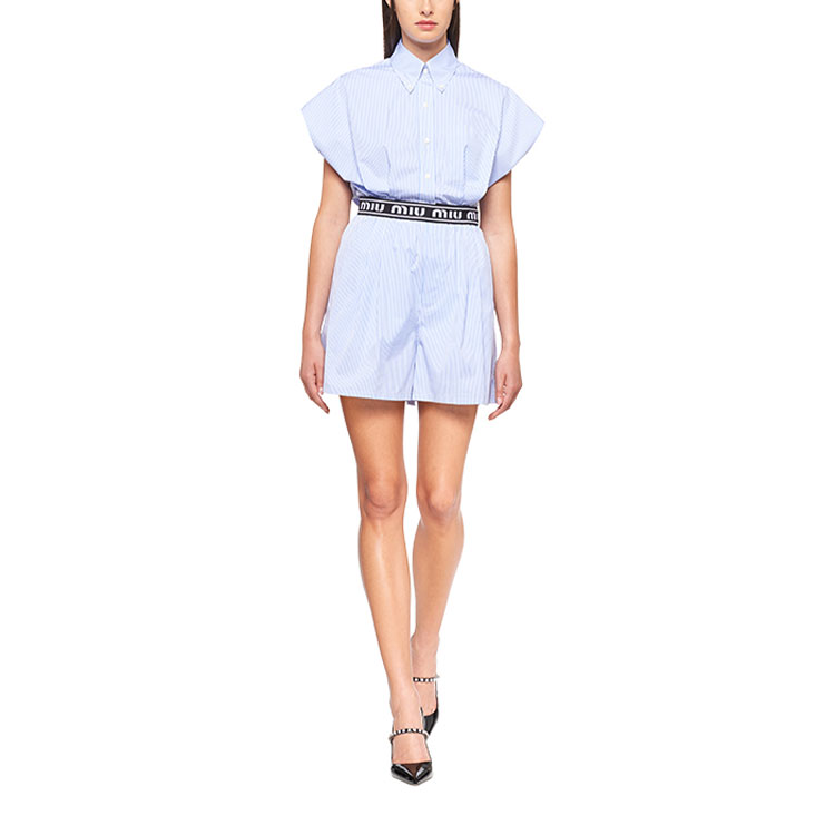 Lookbook (W) MIU MIU SS21 Shorts Casual de Algodón a Rayas Azul MP1435-1YIN-F0076