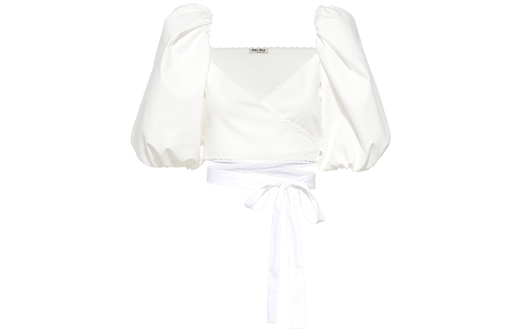 (Women) MIU MIU SS21 White Puff Sleeve Tie Cropped Sun Protection Shirt. MT1626-QZT-F0K74