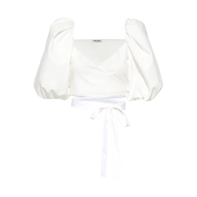 (Women) MIU MIU SS21 White Puff Sleeve Tie Cropped Sun Protection Shirt. MT1626-QZT-F0K74