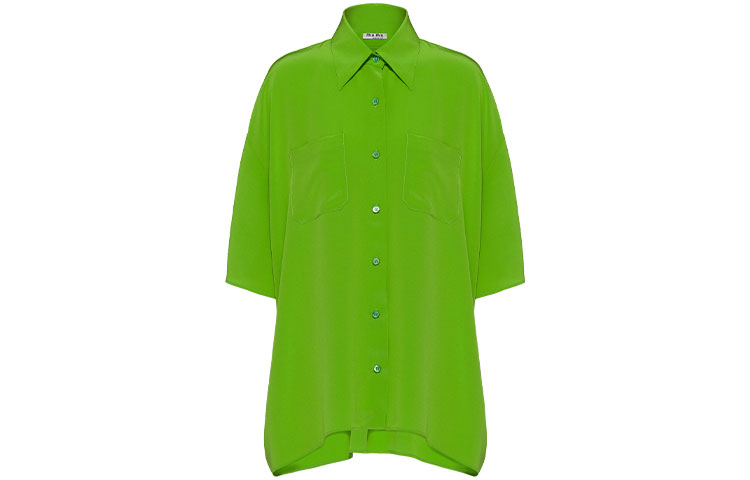 (Women) MIU MIU SS22  Apple Green Crepe Short-Sleeve UV Protection Shirt. MK1630-102-F0225