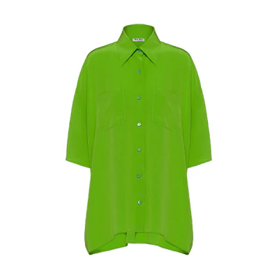 (Women) MIU MIU SS22 Apple Green Crepe Short-Sleeve UV Protection Shirt. MK1630-102-F0225