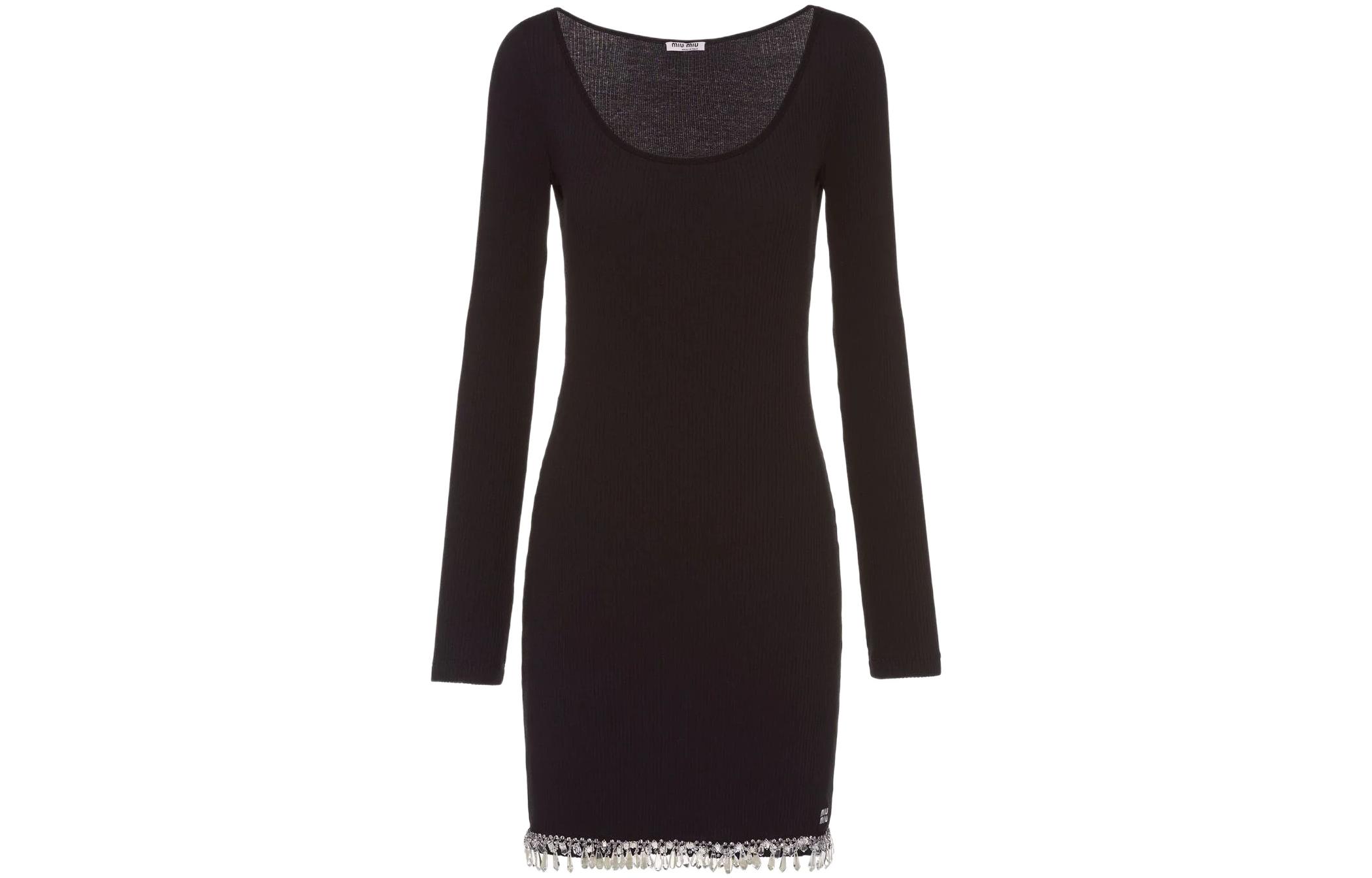 (Women) MIU MIU SS22  Black Beaded Trim Ribbed Knit Long Sleeve Dress MF4544-10ON-F0002