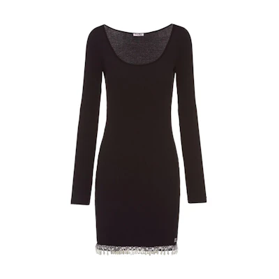 (Women) MIU MIU SS22 Black Beaded Trim Ribbed Knit Long Sleeve Dress MF4544-10ON-F0002