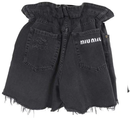 (W) MIU MIU SS22 Pantalones Cortos Negros de Mezclilla Desgastados con Logo. GWP300-10KX-F0002 Lookbook (W) MIU MIU SS22 Pantalones Cortos Negros de Mezclilla Desgastados con Logo. GWP300-10KX-F0002