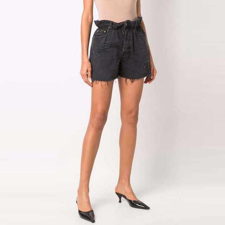 Purchase (W) MIU MIU SS22 Pantalones Cortos Negros de Mezclilla Desgastados con Logo. GWP300-10KX-F0002