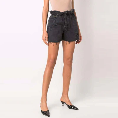 (W) MIU MIU SS22 Pantalones Cortos Negros de Mezclilla Desgastados con Logo. GWP300-10KX-F0002 Purchase (W) MIU MIU SS22 Pantalones Cortos Negros de Mezclilla Desgastados con Logo. GWP300-10KX-F0002