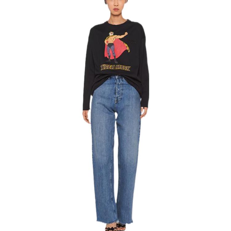 Lookbook (W) MIU MIU SS22 黑色图案印花长袖T恤。 MJL856-102H-F0K37