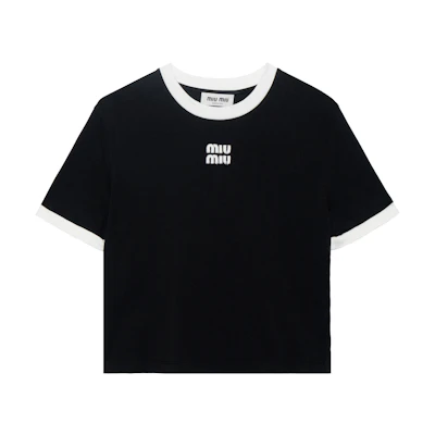 (Women) MIU MIU SS22 Black Logo Print Oversized Crewneck T-Shirt. MJN522-14EL-F0002
