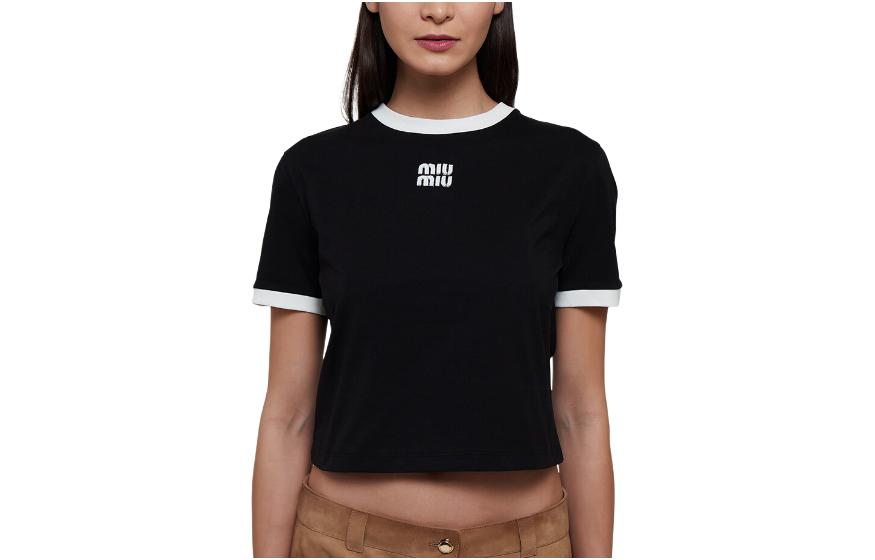 Order (W) MIU MIU SS22 黑色Logo印花宽松圆领T恤。 MJN522-14EL-F0002