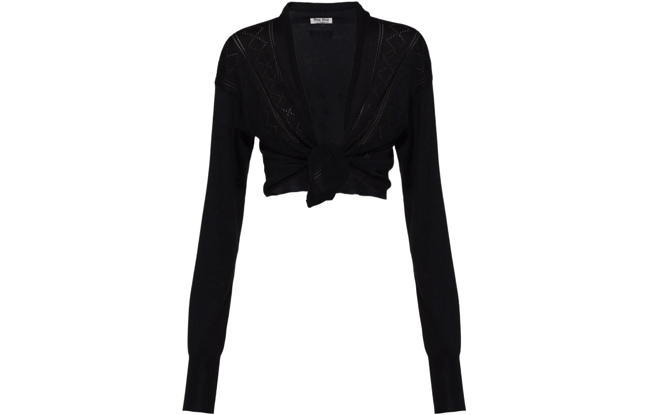 (Women) MIU MIU SS22  Black Solid Knit Cardigan Jacket with Tie. MMF575-10Q4-F0002