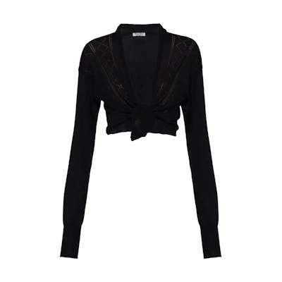 (Women) MIU MIU SS22 Black Solid Knit Cardigan Jacket with Tie. MMF575-10Q4-F0002