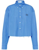 (Women) MIU MIU SS22 Blue Long-Sleeve Frayed Hem Logo Sun Protection Shirt. MK1659-10RG-F0237 (Women) MIU MIU SS22 Blue Long-Sleeve Frayed Hem Logo Sun Protection Shirt. MK1659-10RG-F0237