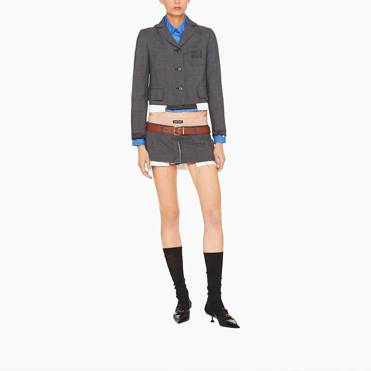 Purchase (W) MIU MIU SS22 Kemeja Biru Lengan Panjang Hem Kusut Logo Pelindung Sinar Matahari. MK1659-10RG-F0237