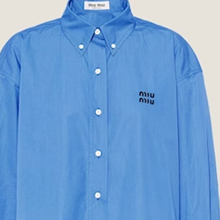 Details for (W) MIU MIU SS22 Kemeja Biru Lengan Panjang Hem Kusut Logo Pelindung Sinar Matahari. MK1659-10RG-F0237
