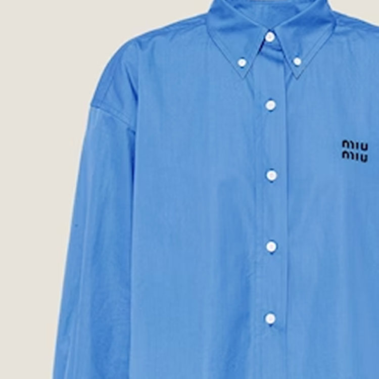 Sizing (W) MIU MIU SS22 Kemeja Biru Lengan Panjang Hem Kusut Logo Pelindung Sinar Matahari. MK1659-10RG-F0237