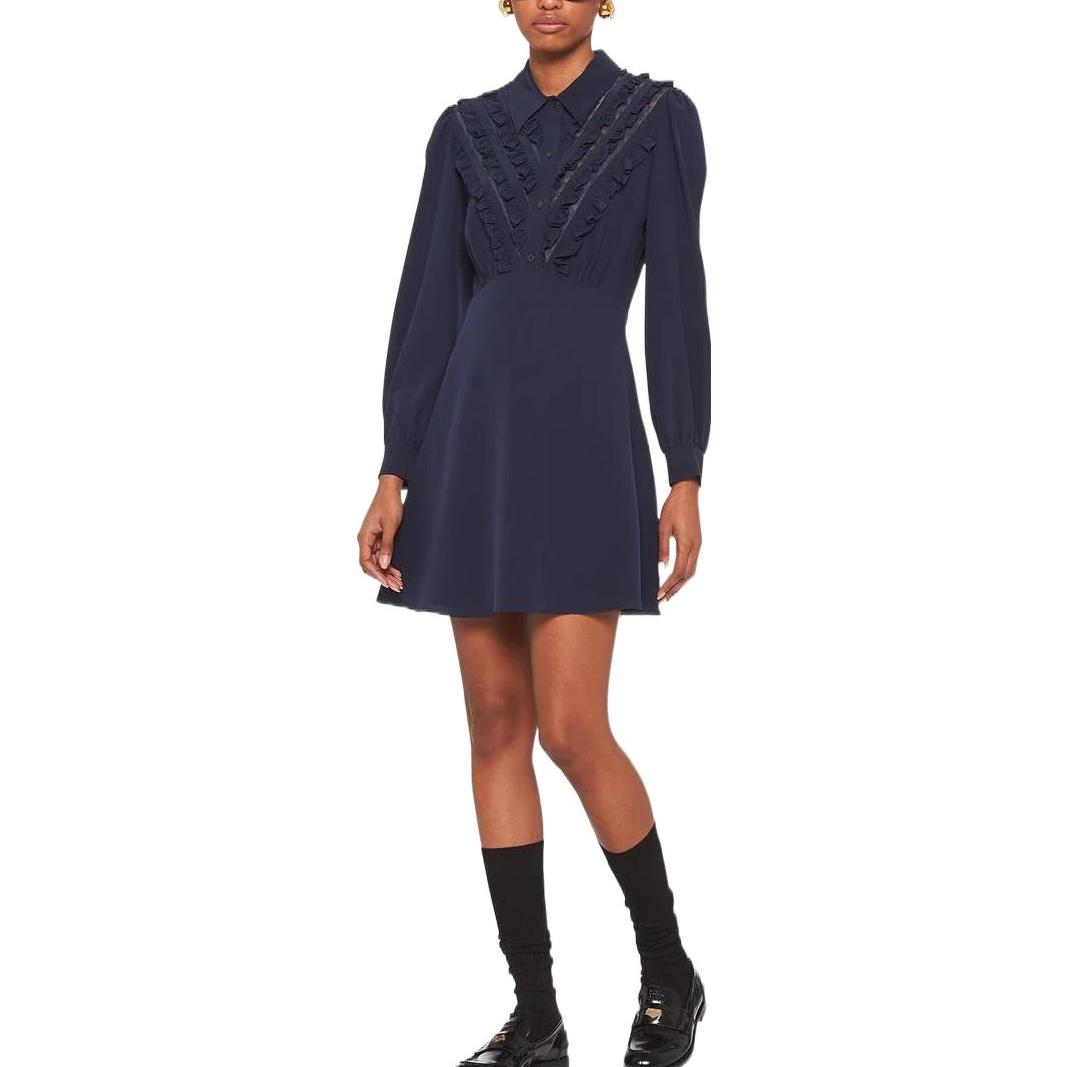 Lookbook (W) MIU MIU SS22 蓝色荷叶边丝绸长袖连衣裙 MF4602-1K9D-F0008