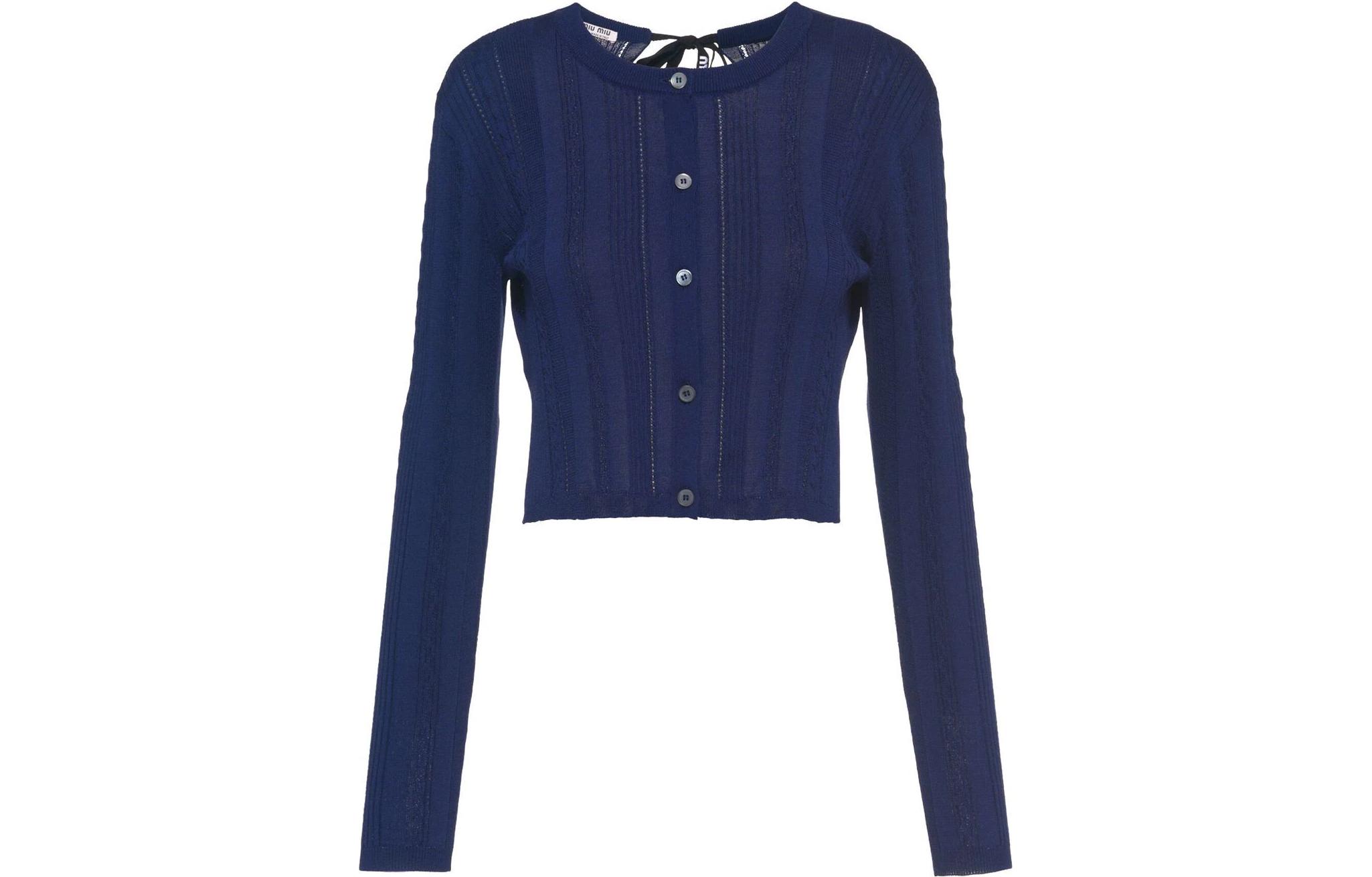(Women) MIU MIU SS22  Blue Slim-Fit Silk Cotton Knit Cardigan with Back Bow. MMF579-10RD-F0008