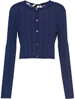 (Women) MIU MIU SS22 Blue Slim-Fit Silk Cotton Knit Cardigan with Back Bow. MMF579-10RD-F0008 (Women) MIU MIU SS22 Blue Slim-Fit Silk Cotton Knit Cardigan with Back Bow. MMF579-10RD-F0008