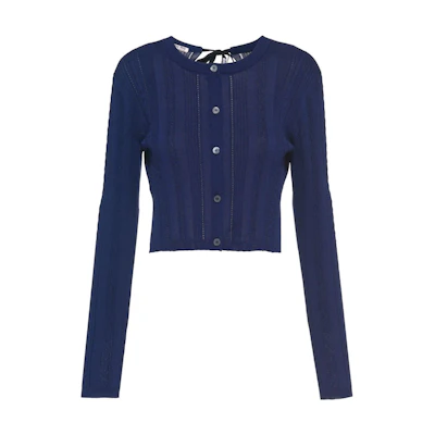 (Women) MIU MIU SS22 Blue Slim-Fit Silk Cotton Knit Cardigan with Back Bow. MMF579-10RD-F0008