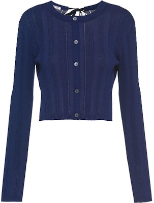 (W) MIU MIU SS22 Kardi Slim-Fit Sutera Kapas Biru dengan Reben Belakang. MMF579-10RD-F0008 Order (W) MIU MIU SS22 Kardi Slim-Fit Sutera Kapas Biru dengan Reben Belakang. MMF579-10RD-F0008