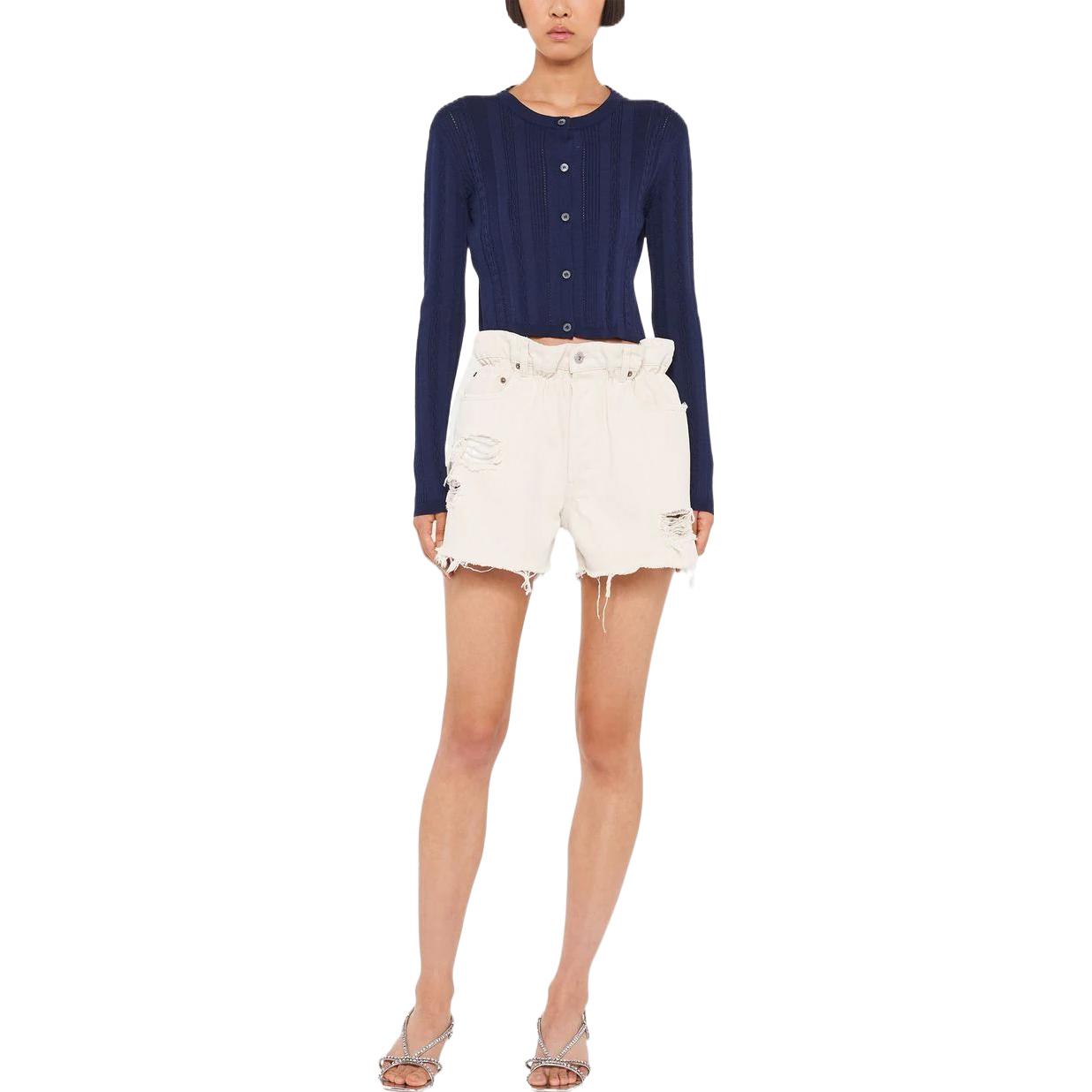 Lookbook (W) MIU MIU SS22 Kardi Slim-Fit Sutera Kapas Biru dengan Reben Belakang. MMF579-10RD-F0008