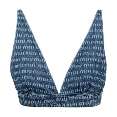 (Women) MIU MIU SS22 Blue V-Neck Printed Denim Vest Tank Top. GWT037-10DP-F0013