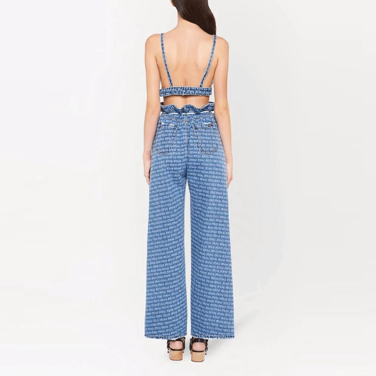 Shop (W) MIU MIU SS22 蓝色V领印花牛仔马甲背心上衣。 GWT037-10DP-F0013