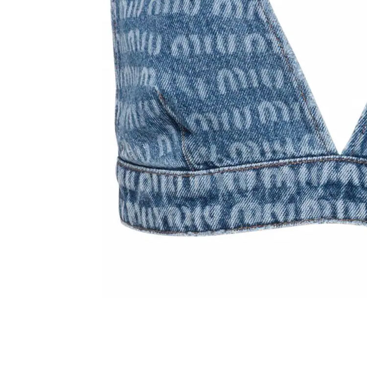 Sizing (W) MIU MIU SS22 蓝色V领印花牛仔马甲背心上衣。 GWT037-10DP-F0013