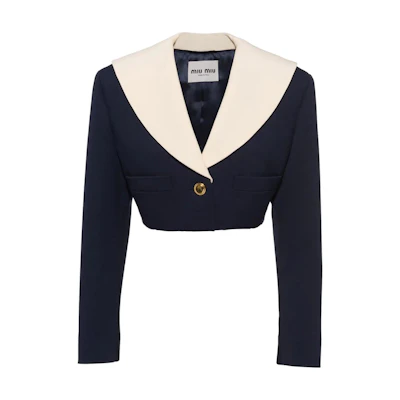 (Women) MIU MIU SS22 Cropped Wool Blazer Jacket in Navy Blue. MH175-41R1-F0008