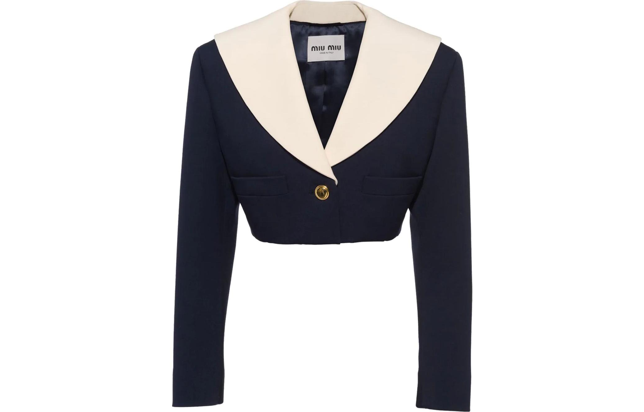 Order (W) MIU MIU SS22 海軍藍羊毛短版西裝外套。 MH175-41R1-F0008