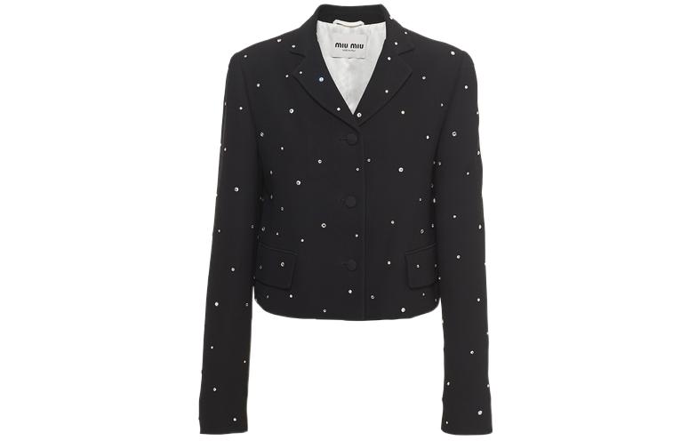 (Women) MIU MIU SS22  Crystal Embellished Cropped Black Cardigan Jacket. MH1789-10BD-F0002