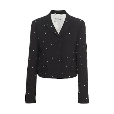 (Women) MIU MIU SS22 Crystal Embellished Cropped Black Cardigan Jacket. MH1789-10BD-F0002
